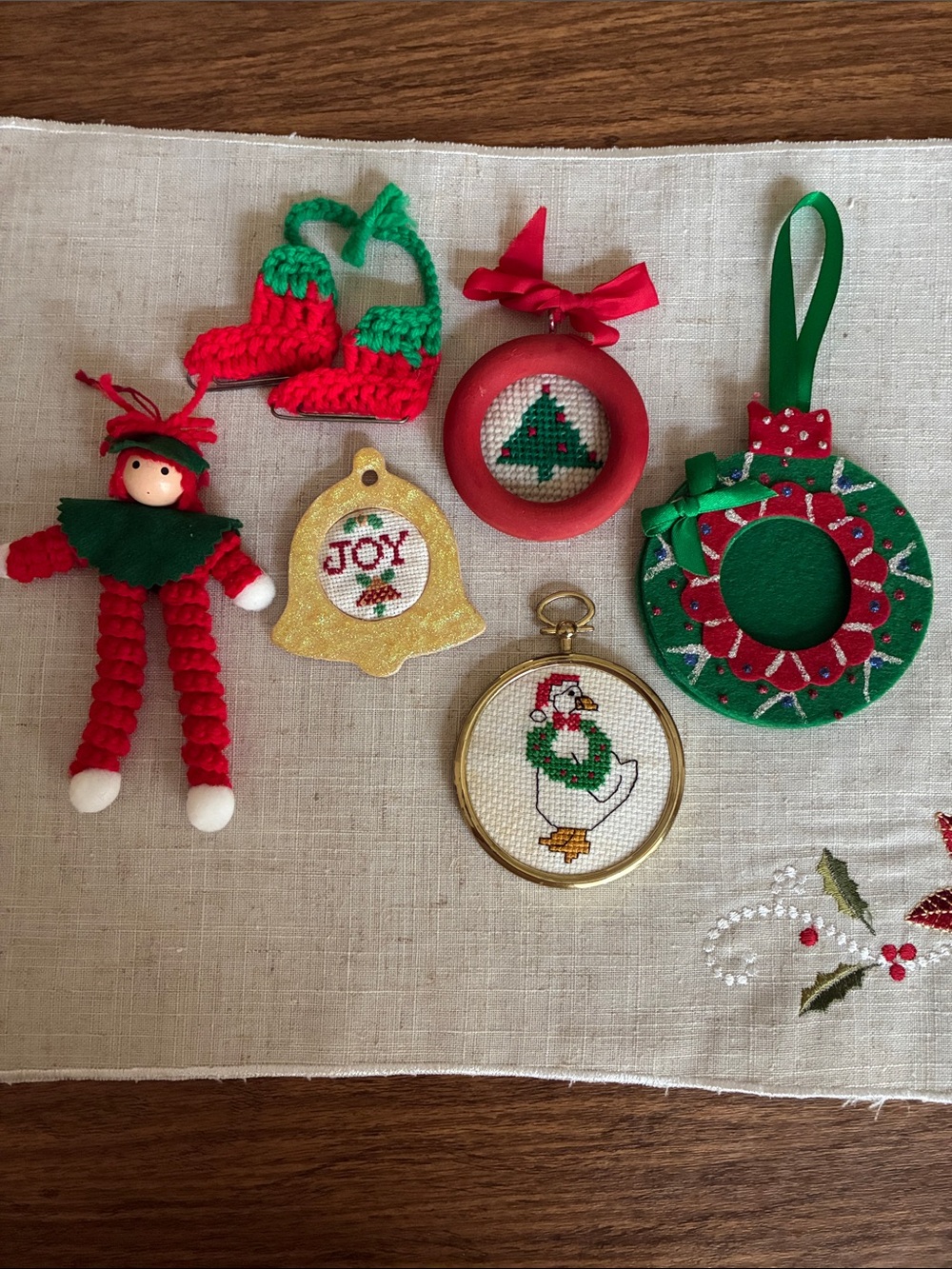 Vintage Hand Crafted  Ornament Set 6 - Red, Green, White & Gold